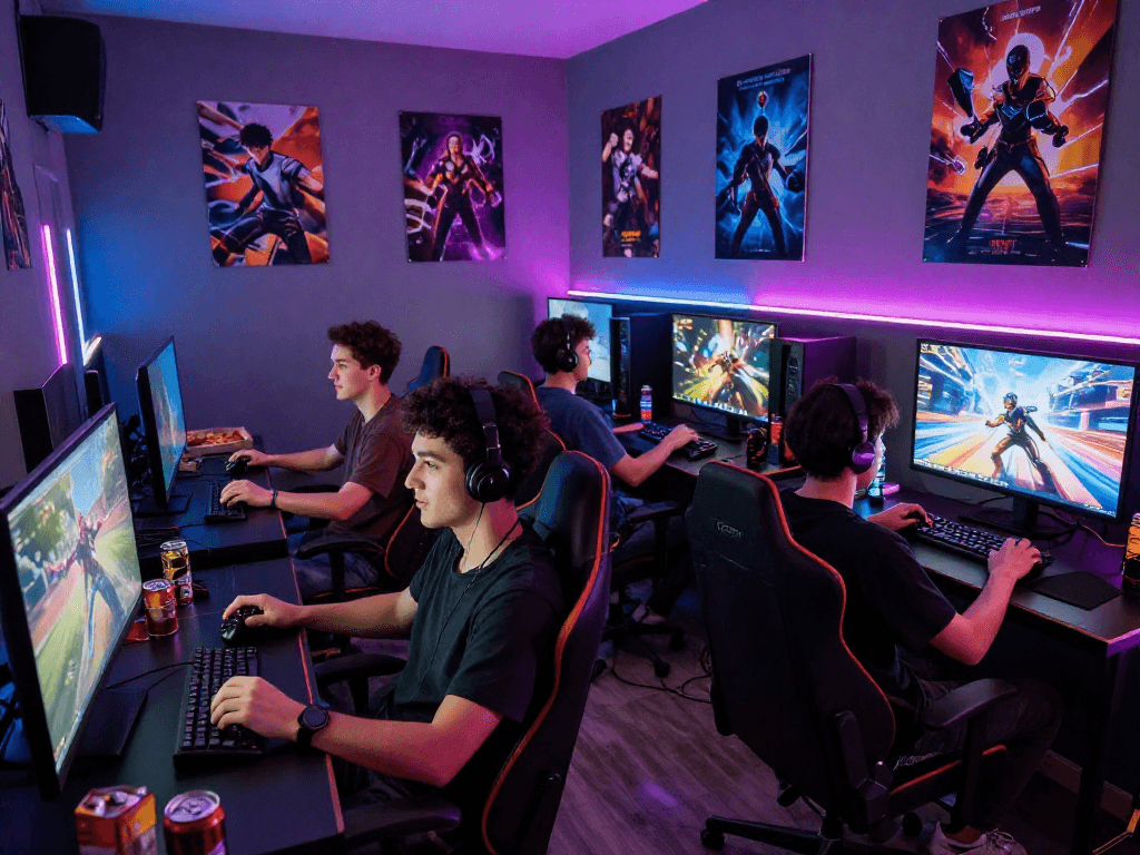 Friends enjoying popular porn ganes in a vibrant gaming room with neon lights.