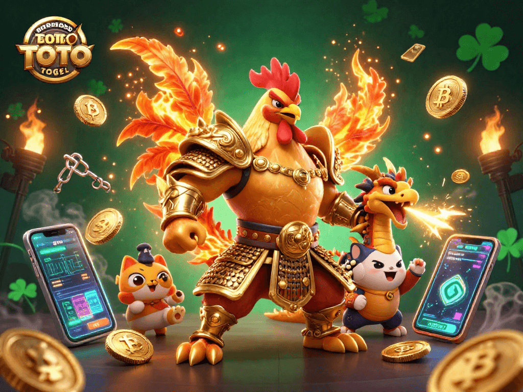 Engage with BANDAR TOTO TOGEL, featuring an epic rooster warrior, dragon hatchling, and crypto elements in a vibrant casino scene.