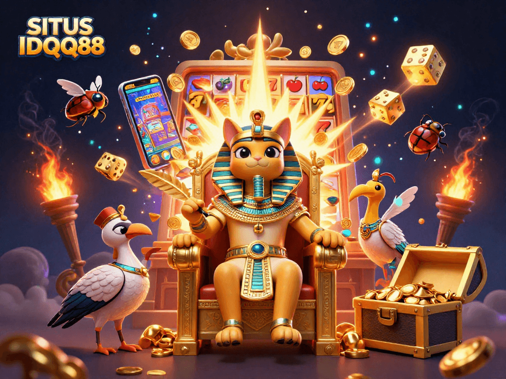 SITUS IDQQ88 showcases a vibrant casino scene featuring an Egyptian pharaoh cat with jackpot elements exploding
