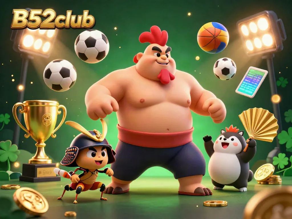 B52club showcases an energetic casino scene with a sumo wrestler, cricket, and tanuki amidst dynamic sports and gambling elements.