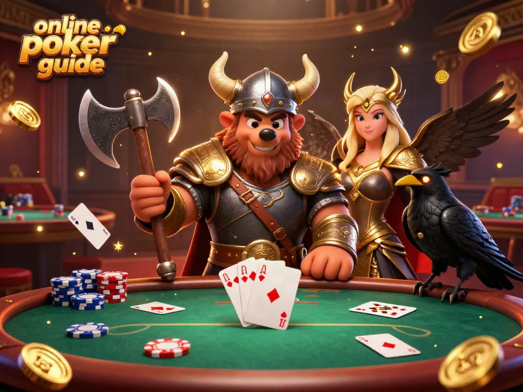 Engaging 3D illustration for an online poker guide showcasing characters and dynamic poker elements.