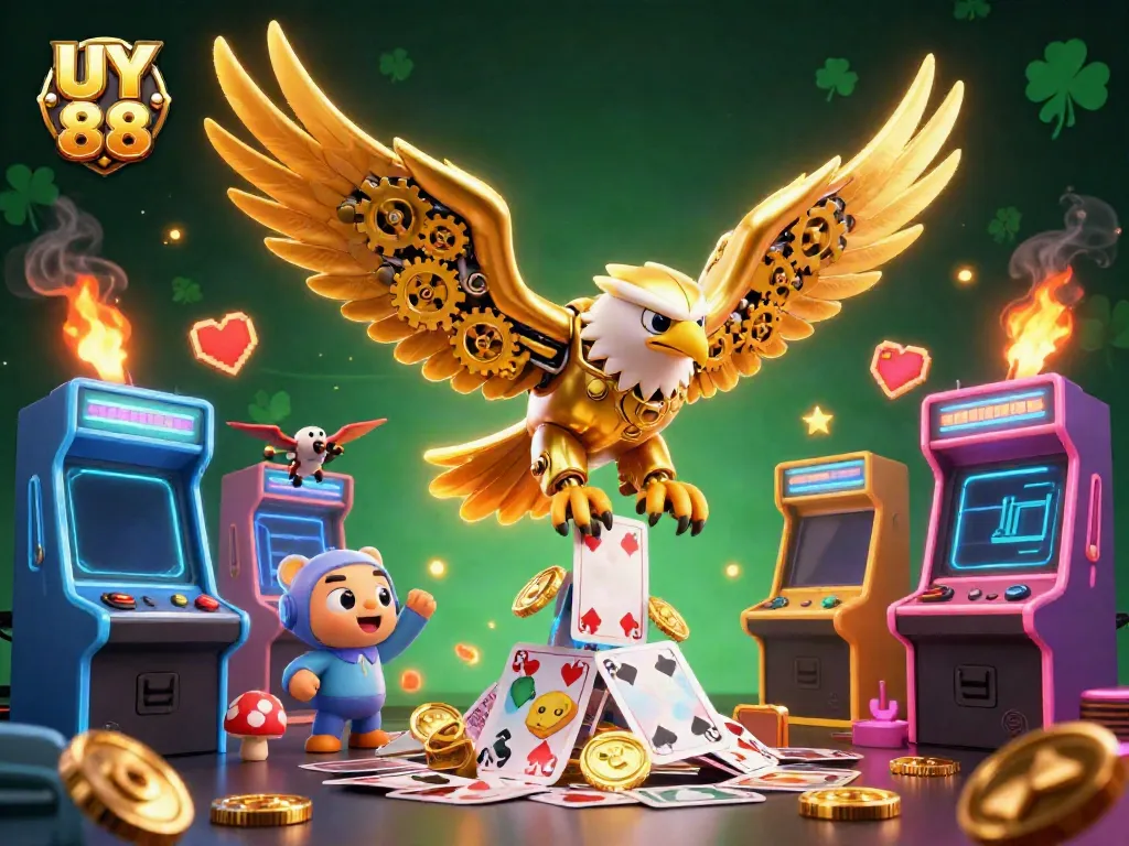 Experience the excitement of UY 88 with a dynamic 3D casino scene filled with golden eagles and vibrant game elements.