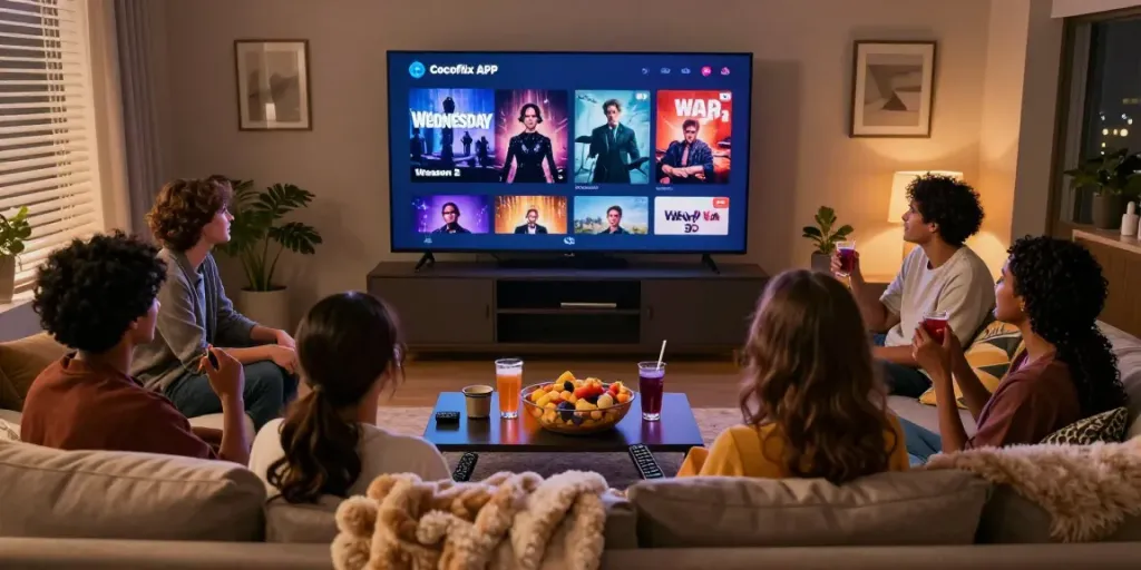 CocoFlix APK movie night with friends enjoying popular titles and snacks.