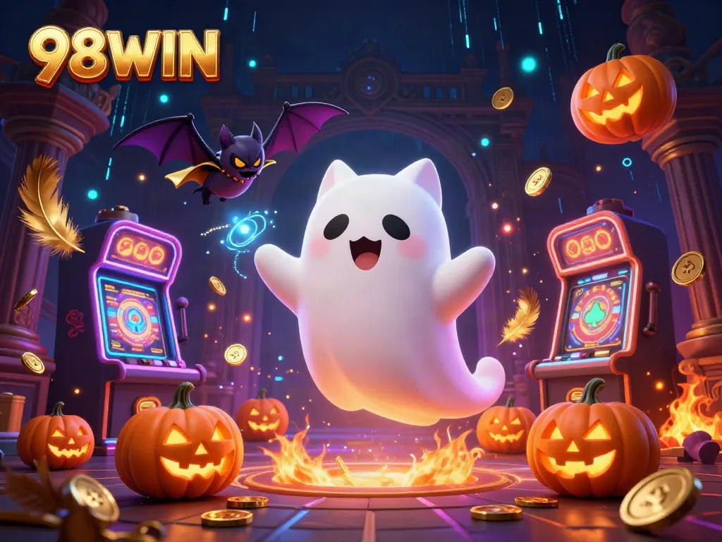 Engage with 98WIN's vibrant ghost cat gaming scene filled with thrill and excitement.