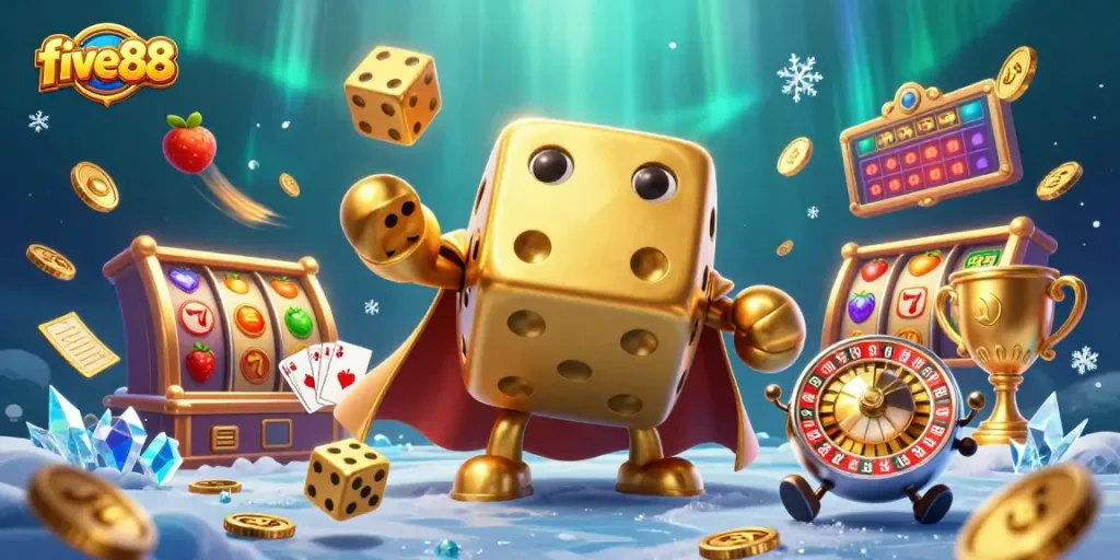 Experience the excitement of five88 casino with a dynamic 3D illustration featuring gaming elements.
