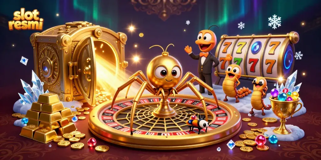 Experience thrilling bets at slot resmi with a vibrant roulette web spinning gold and jewels.