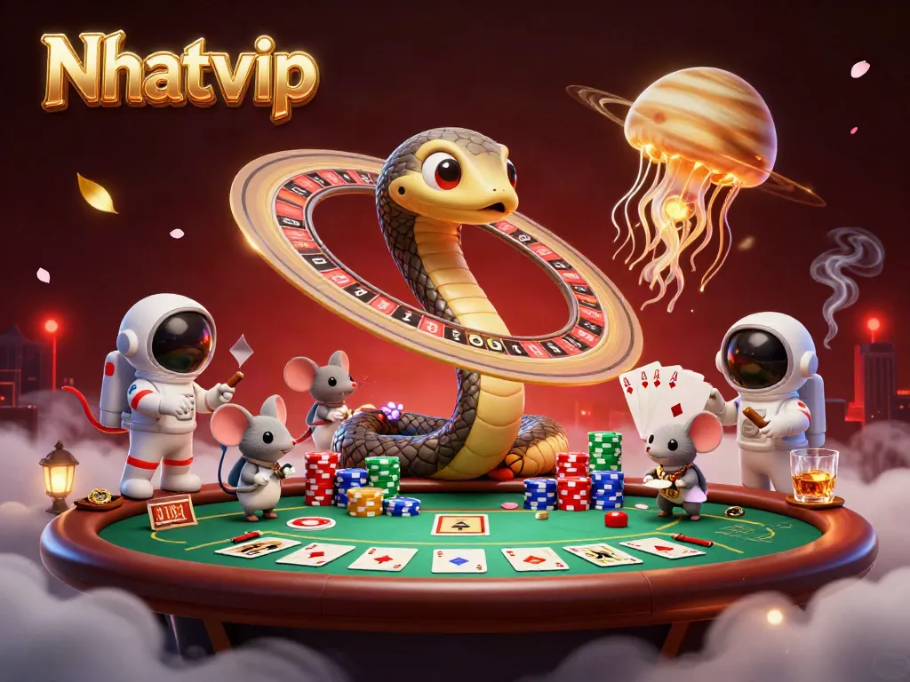Nhatvip card game scene with astronaut mice betting on a cosmic roulette wheel