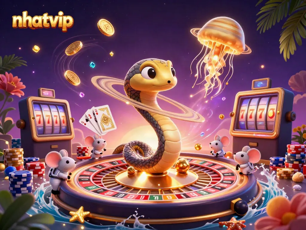 Nhatvip engages players in a vibrant cosmic gambling scene with slots and rich visuals.