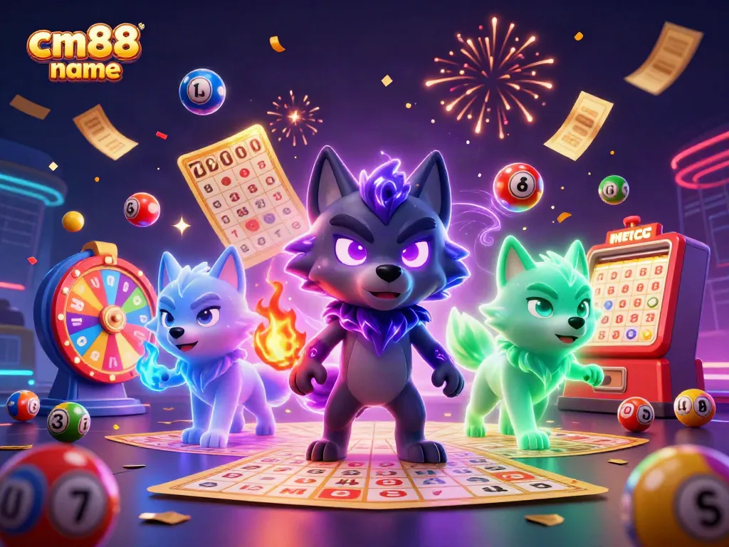 Experience the excitement of gaming with cm88 name, showcasing vibrant lottery elements and animated characters.
