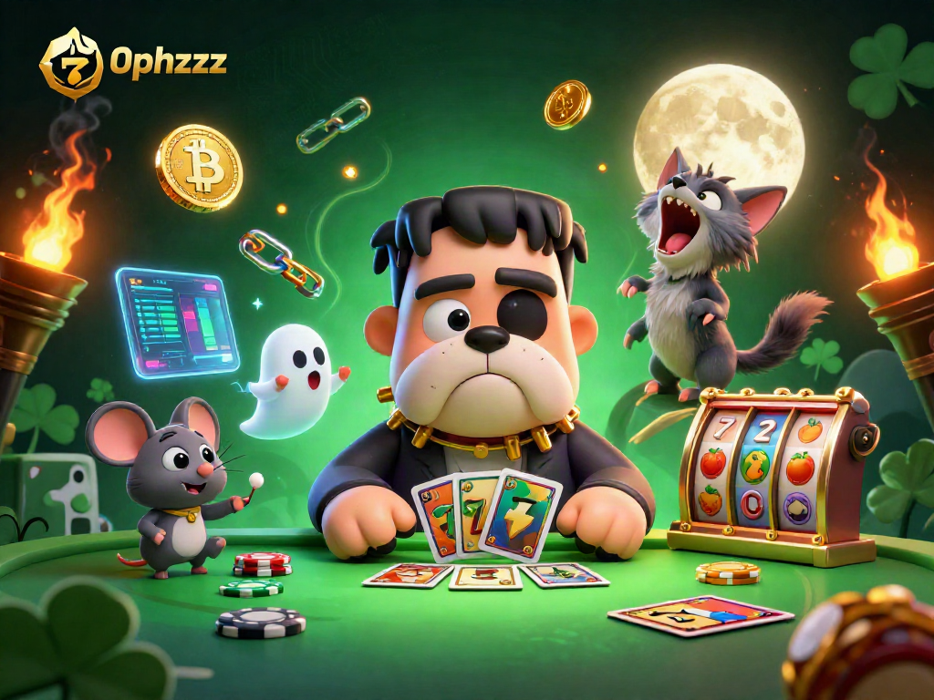 Experience thrilling moments with 0phzzz as Frankenstein bulldog deals cards amidst neon crypto coins.