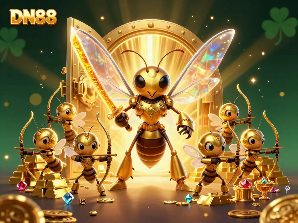 Experience the thrill of DN88 with a dynamic illustration showcasing a golden hornet samurai leader and bee archers in an energetic casino treasure scene.