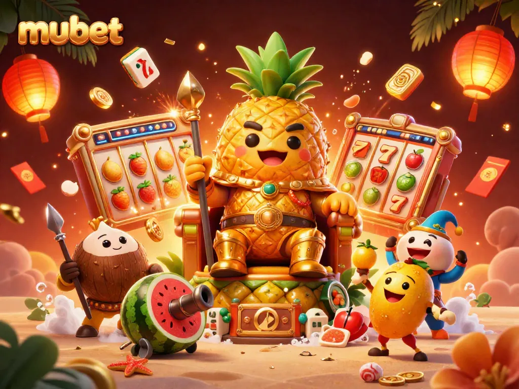 Experience the vibrant mubet casino scene featuring a golden pineapple king, lively game symbols, and dynamic action.