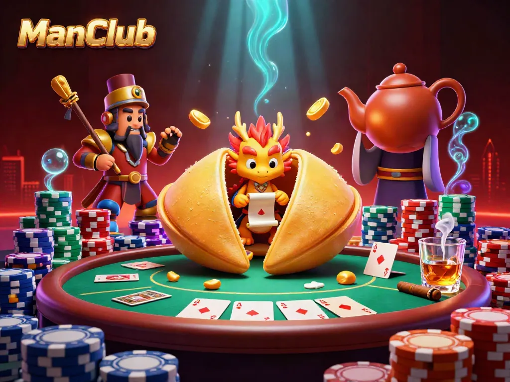 Engage in the thrilling world of ManClub with a vibrant 3D illustration of a golden fortune cookie scene amidst exciting casino elements.