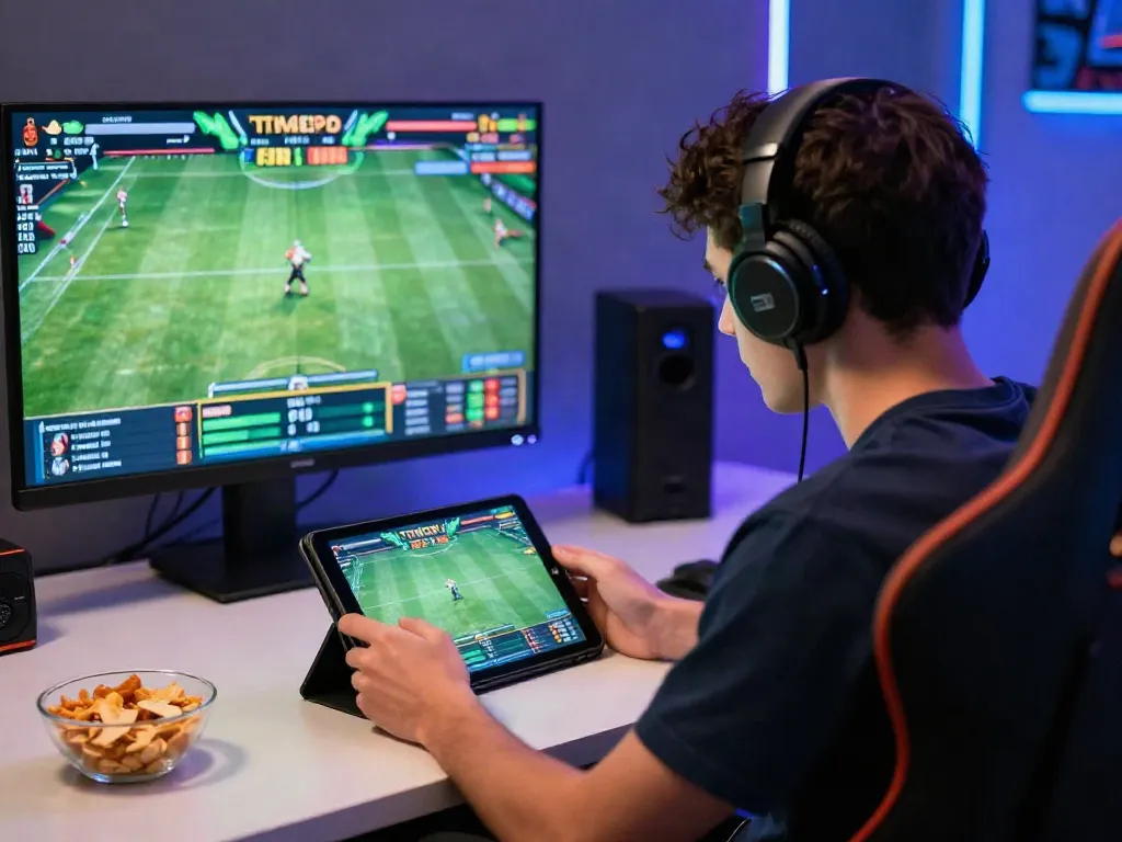 Engaging FABET online betting experience with a player using a tablet amidst vibrant graphics and modern gaming setup.