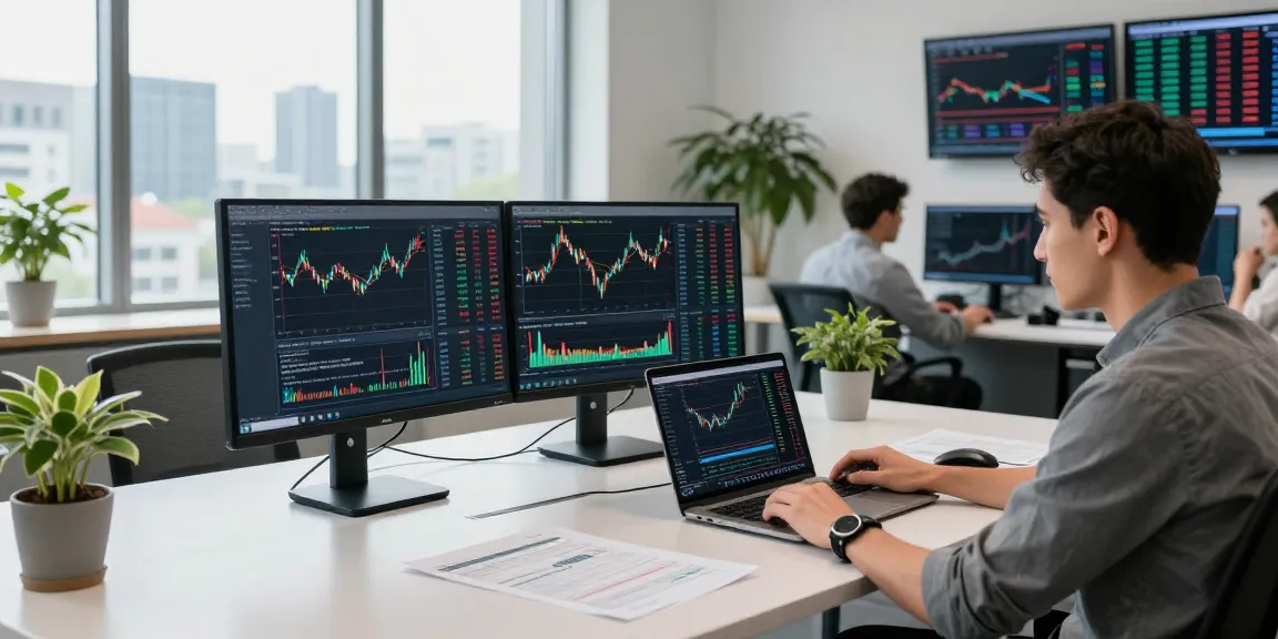 Real-time analysis using multi-ticker German stock API in a finance workspace with monitors displaying market data.