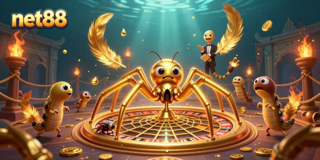 Engaging scene of net88 with a golden spider and centipede croupier in a dynamic casino setting.