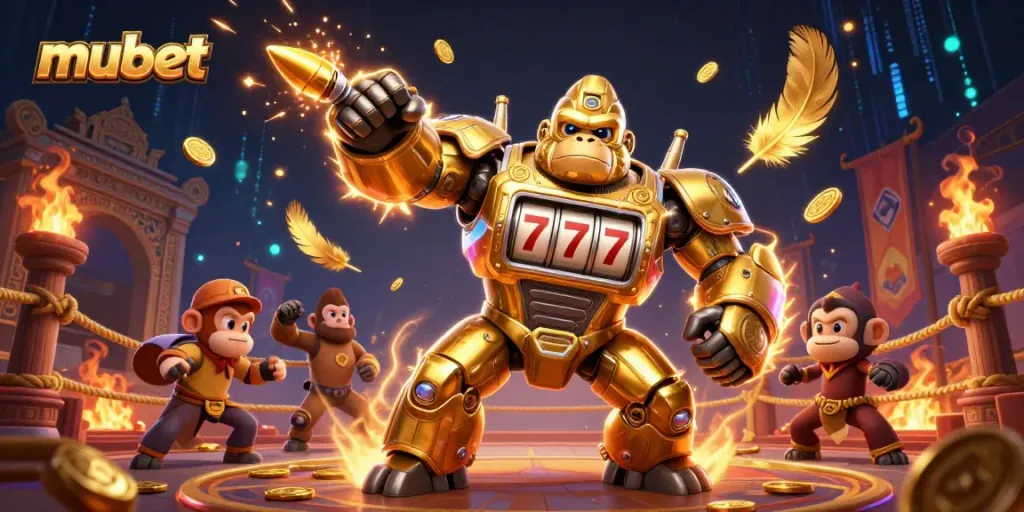 Witness a spectacular mubet showdown with a golden gorilla mech and vibrant casino elements!