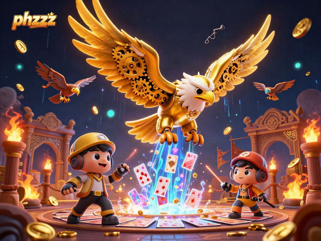 Experience the thrill of phzzz with a cybernetic eagle flying through a vivid casino scene.