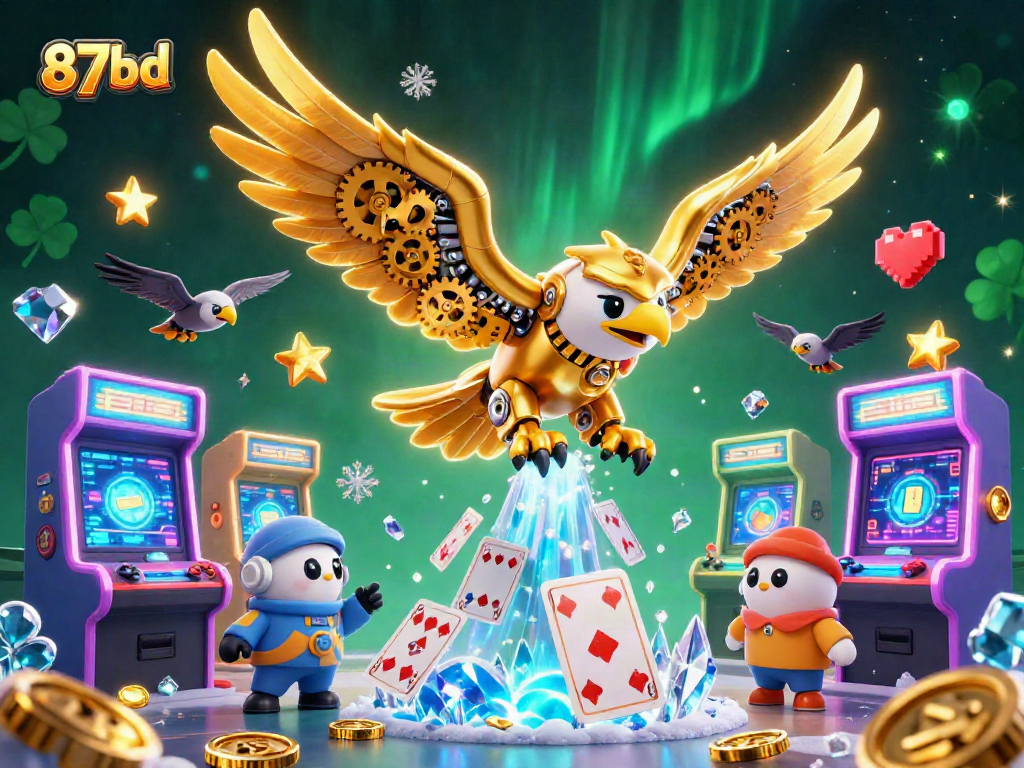 Engage with 87bd in this vibrant 3D scene showcasing a cybernetic eagle amidst casino-themed elements.