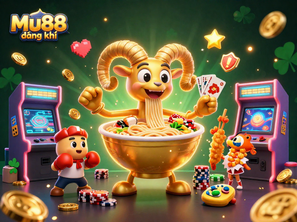 Mu88đăng ký action scene featuring a giant ramen bowl dealer and colorful casino elements.