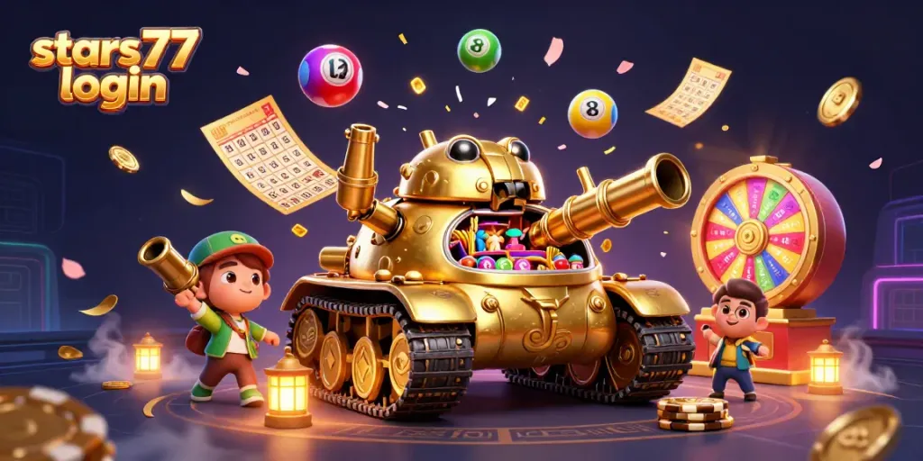 Masuki permainan di stars77 login dengan kasino mini di dalam tank penggulung emas.