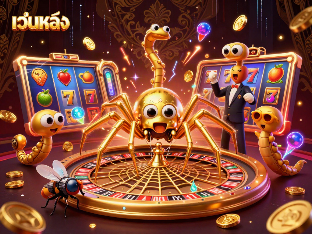 Engage in thrilling gameplay with เว็บตรง as a golden spider spins a roulette wheel web.