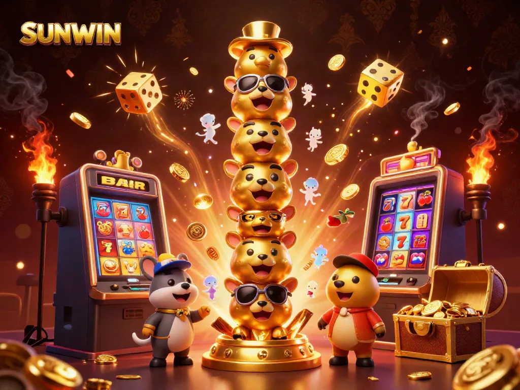SUNWIN's vibrant 3D scene showcases a cartoon totem pole and a winning jackpot explosion, perfect for gamers.