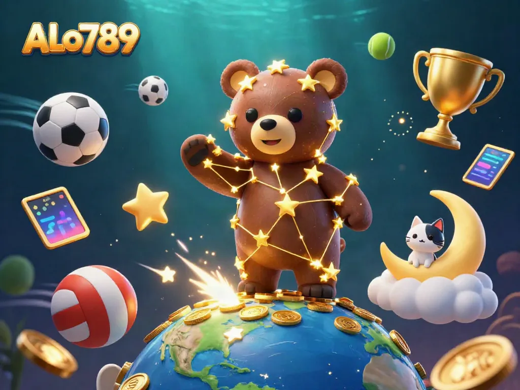 Engage in thrilling gaming at ALo789 with a whimsical 3D cosmic scene featuring sports elements.