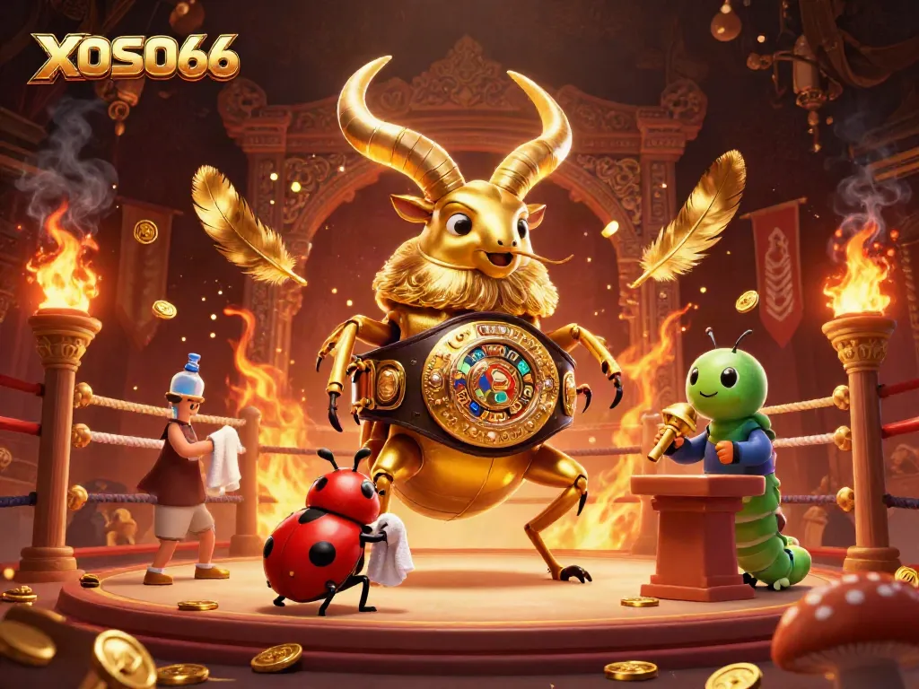 XOSO66 features a golden stag beetle boxing with a glowing belt, capturing action in an ornate arena.