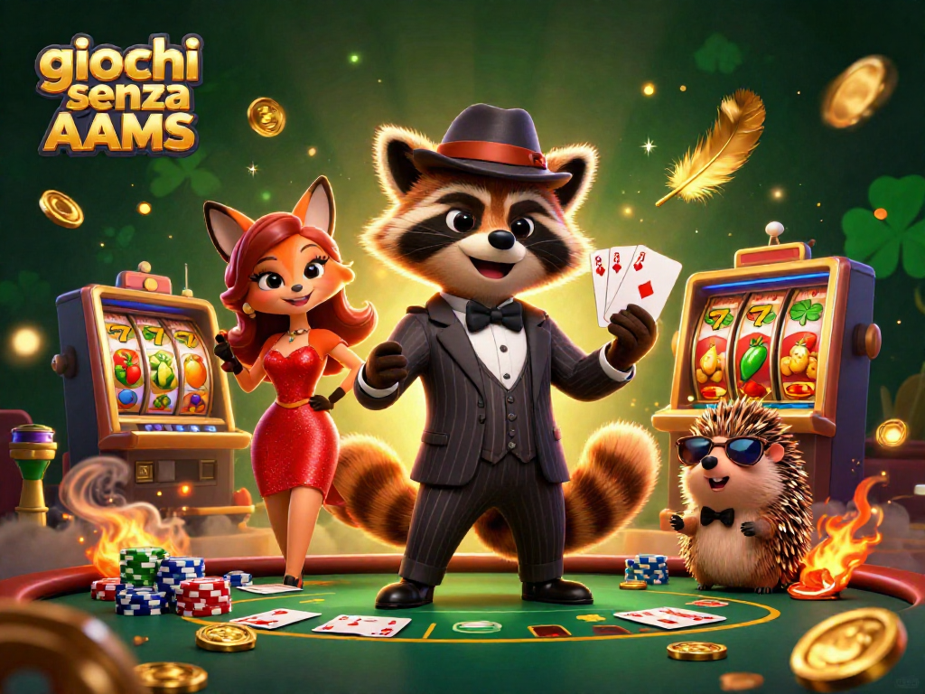 Gioca ai giochi senza AAMS con il procione gentiluomo e la volpe affascinante in un'illustrazione vivace.