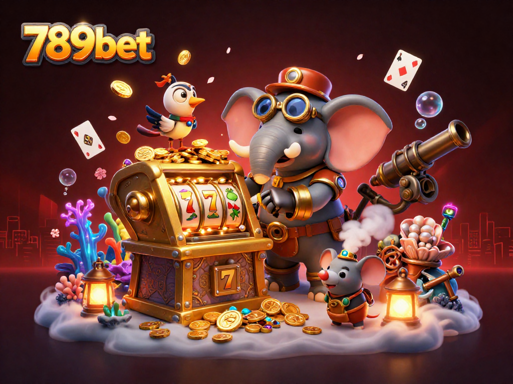 Experience the excitement with 789bet: A vibrant 3D scene featuring a steampunk elephant at a slot machine.