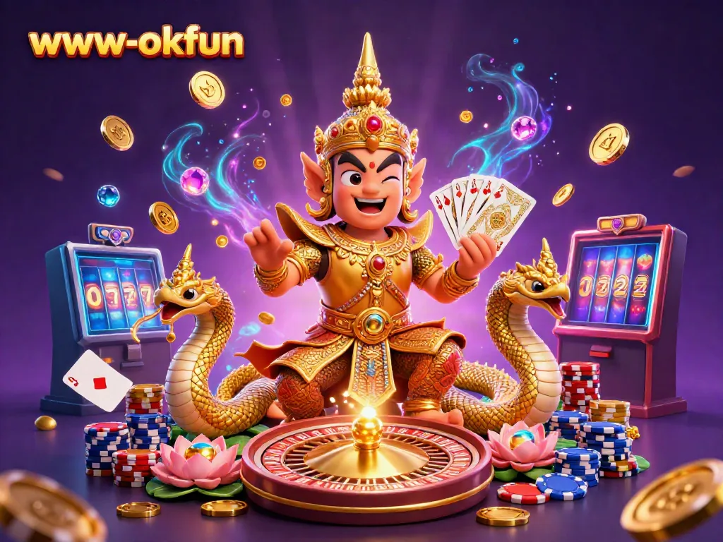 Engage with the colorful world of www-okfun, featuring vibrant casino characters and action elements.