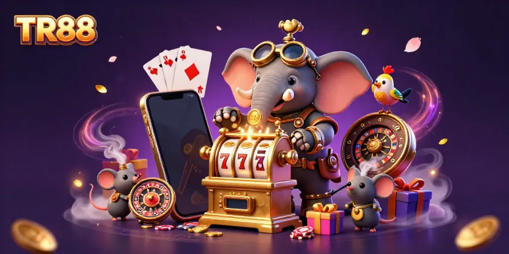 Engage with TR88's colorful slot game as a steampunk elephant operates a golden machine.