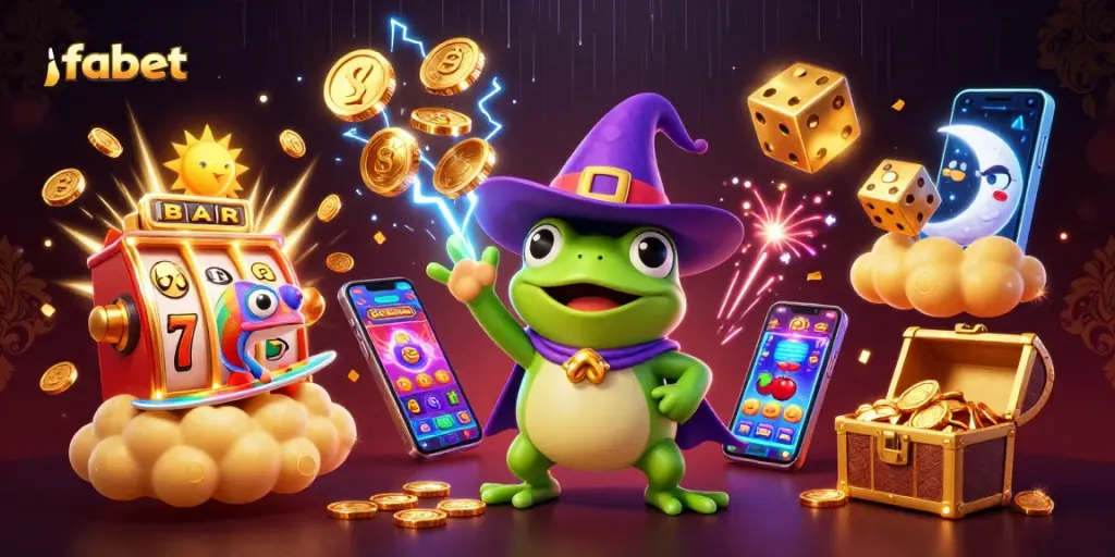 Engage with fabet's vibrant 3D casino scene featuring a wizard frog and a chameleon amidst vivid jackpot elements.
