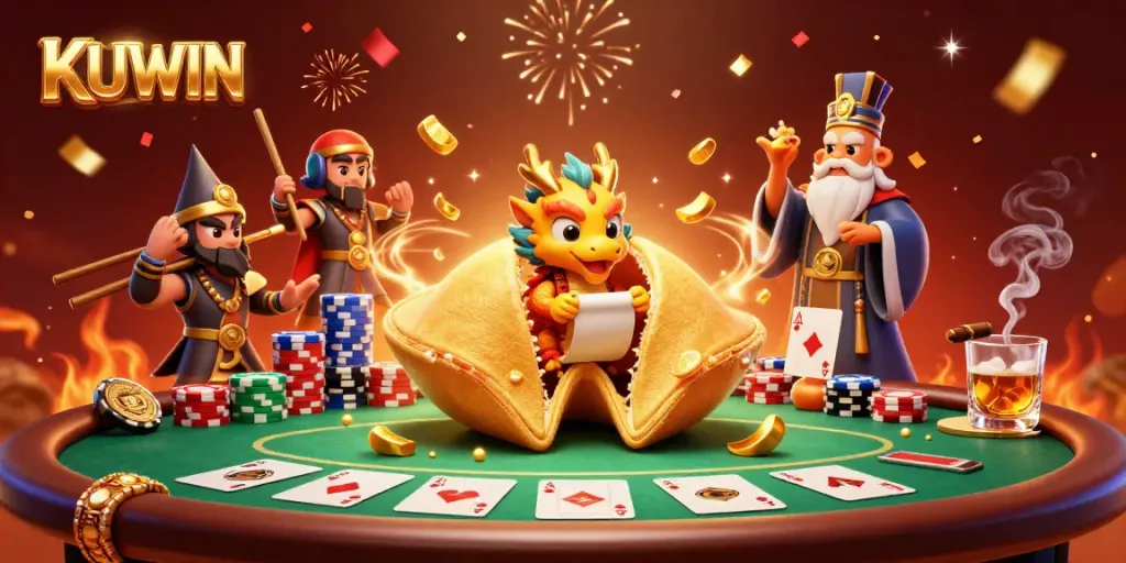 Experience the thrilling KUWIN casino with giant fortune cookie, poker chips, and a dynamic dragon scene.