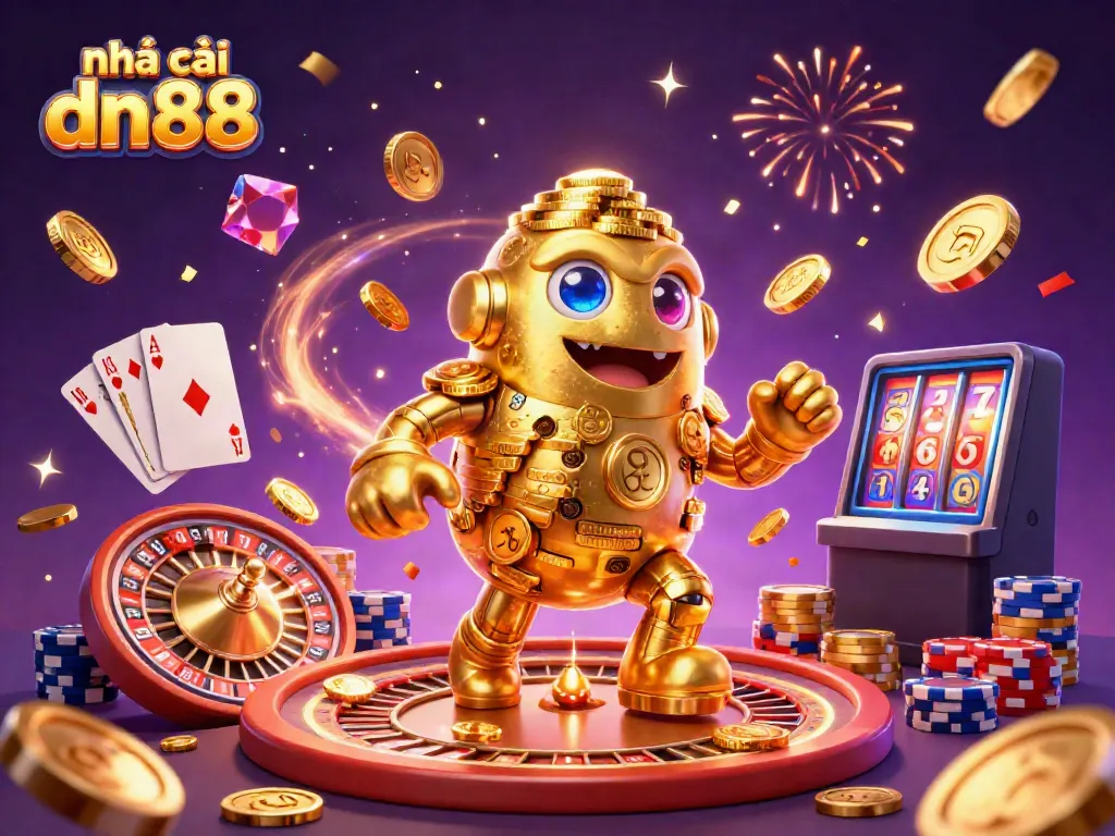 Experience the vibrant wealth of nhà cái dn88 through a captivating casino-themed scene illuminated by gold and gems.