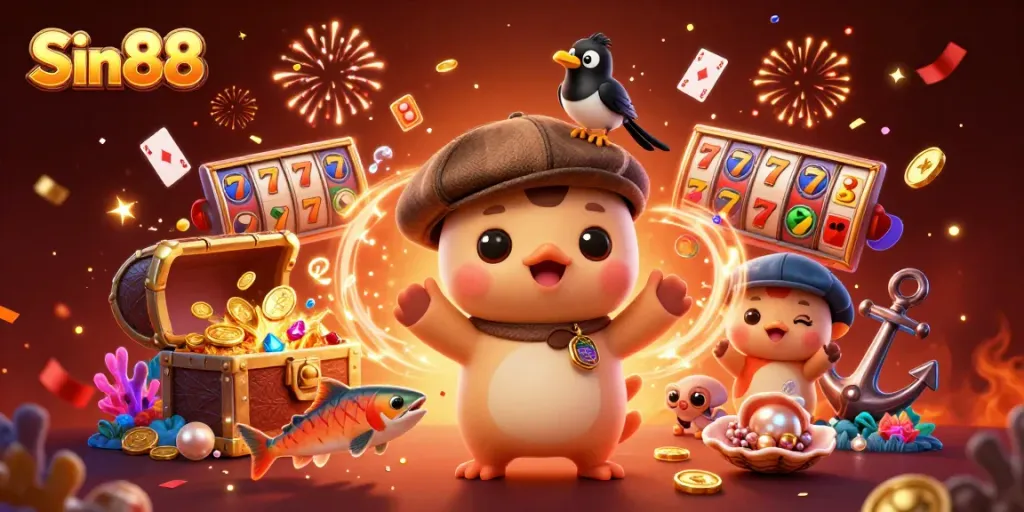 Experience Sin88 excitement with playful characters and vibrant casino elements in a delightful underwater scene.