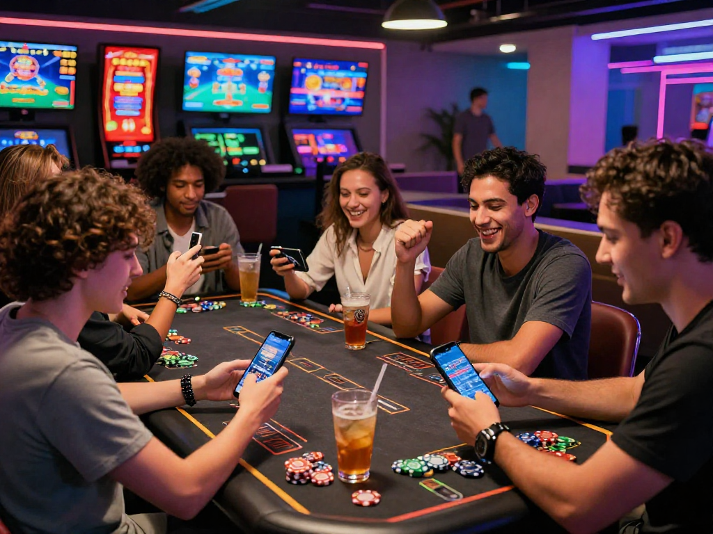 Gioco senza AAMS in un vivace lounge di gioco con amici che celebrano.