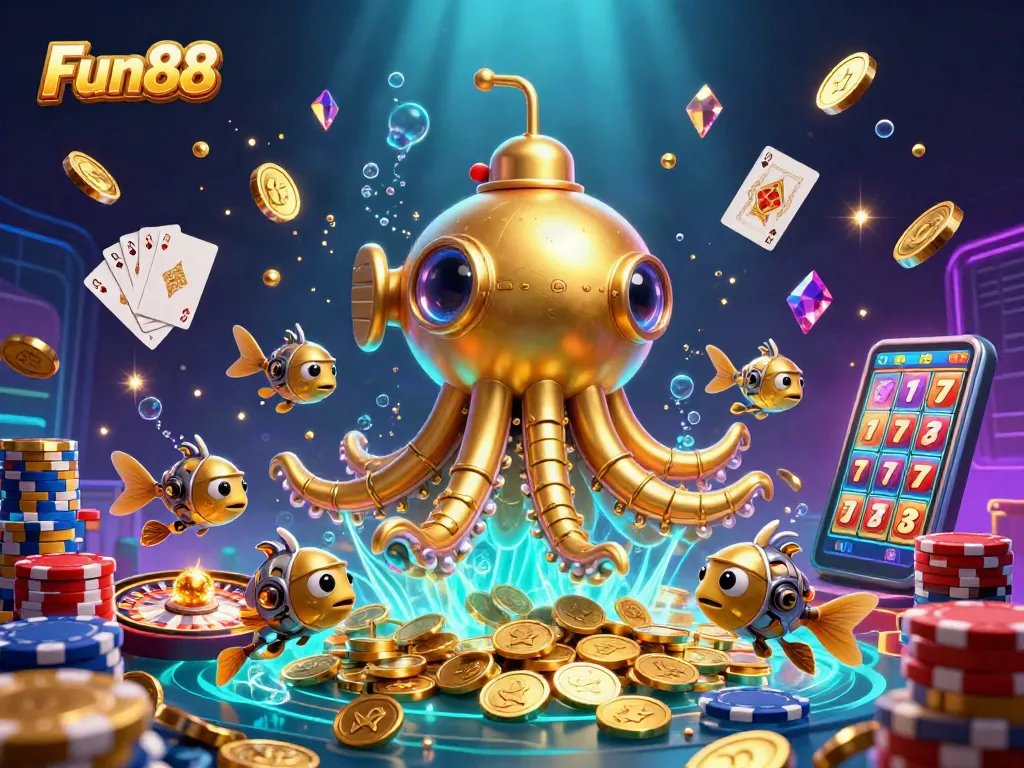 Experience thrilling Fun88 gameplay with a vibrant 3D kraken submarine surrounded by thrilling casino elements.
