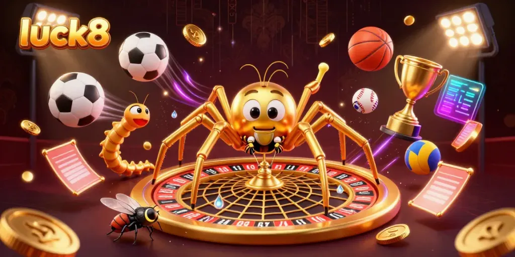 Experience the thrill of luck8 gaming with a dynamic scene of a golden spider and croupier at a roulette wheel.