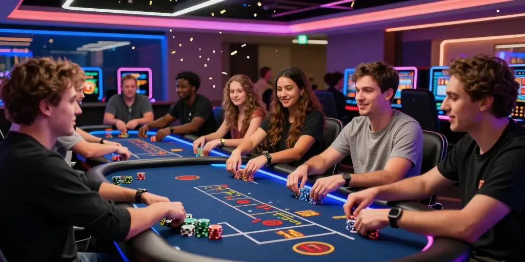 Online gamers at https://man88pro.com/ enjoying dynamic casino games in a vibrant, modern gaming lounge.