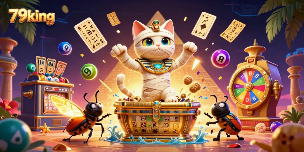 Engage with exciting games at 79king as the Egyptian mummy cat bursts from a gold sarcophagus.