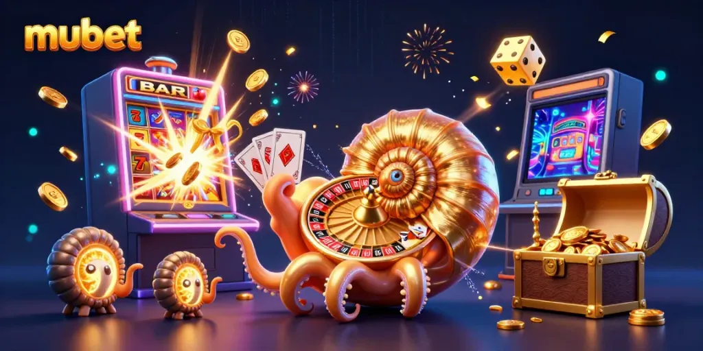 Experience the vibrant energy of mubet with a dazzling 3D casino scene featuring a giant nautilus roulette and jackpot bursts.