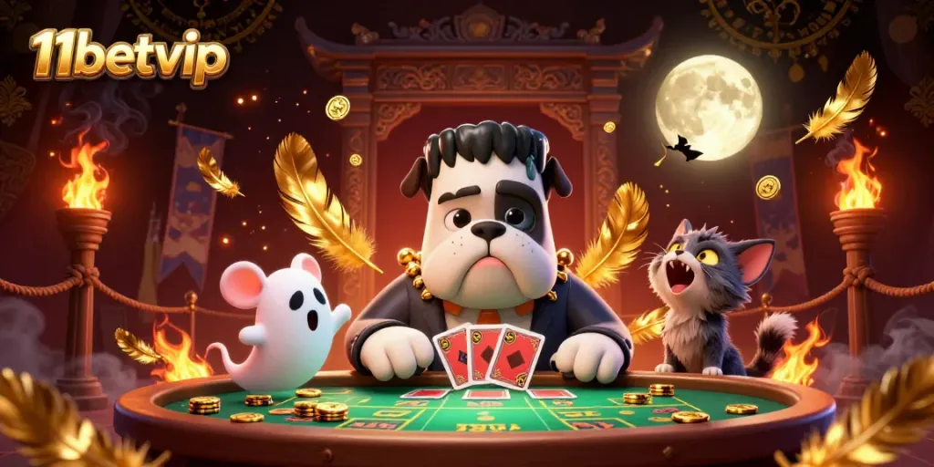 Watch the 11betvip bulldog monster deal cards in a thrilling 3D casino scene filled with excitement and action.