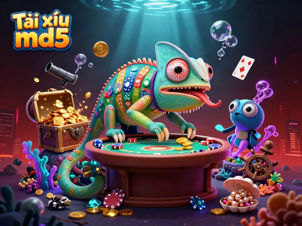 Experience gaming excitement with Tài xỉu md5 in a vibrant underwater casino scene featuring a chameleon character.