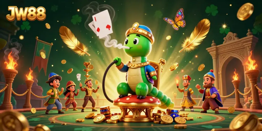 Engage in exciting gaming moments with JW88, illustrated by a caterpillar hookah-master in a dynamic casino scene.
