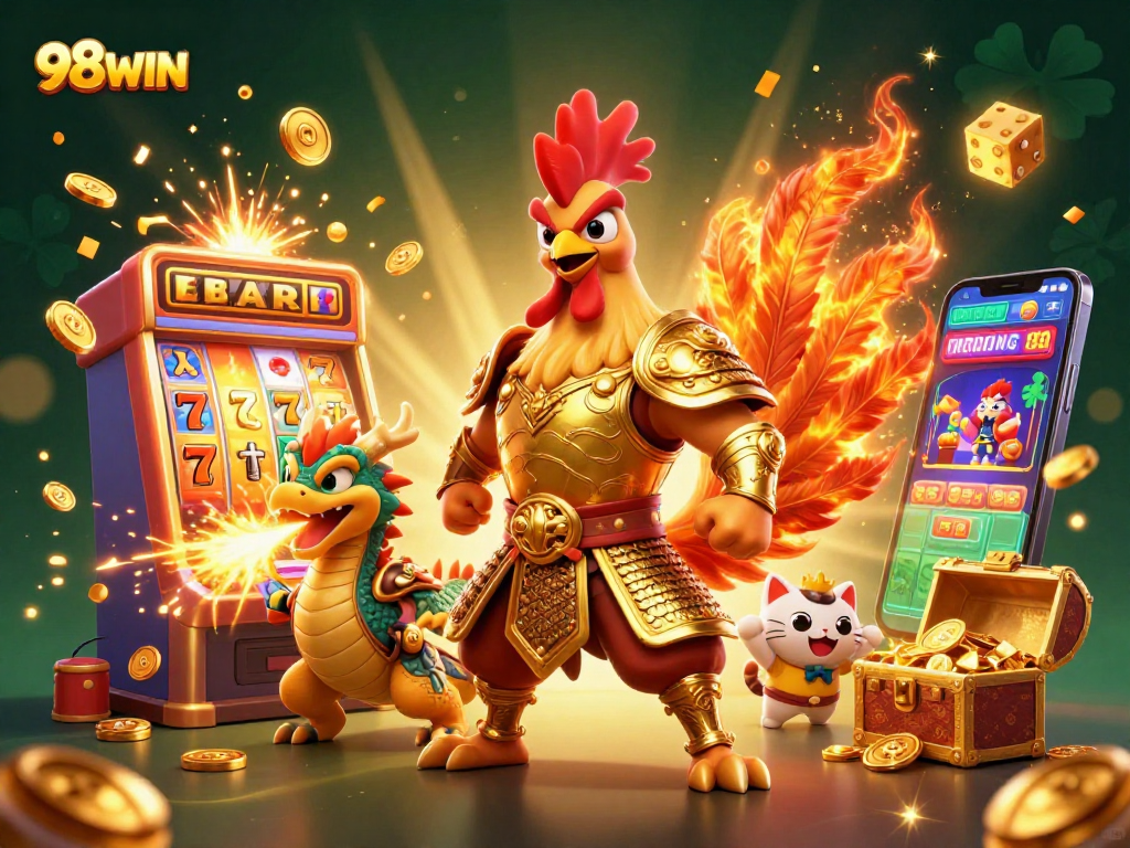 Win exciting jackpots at 98WIN featuring vibrant 3D characters and casino elements.