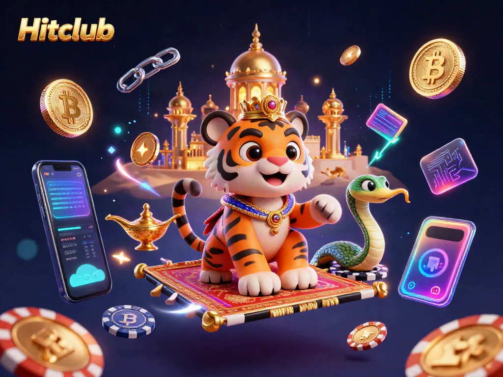 Hitclub's vibrant online casino scene featuring a royal sultan on a poker chip carpet, surrounded by glowing cryptocurrencies.