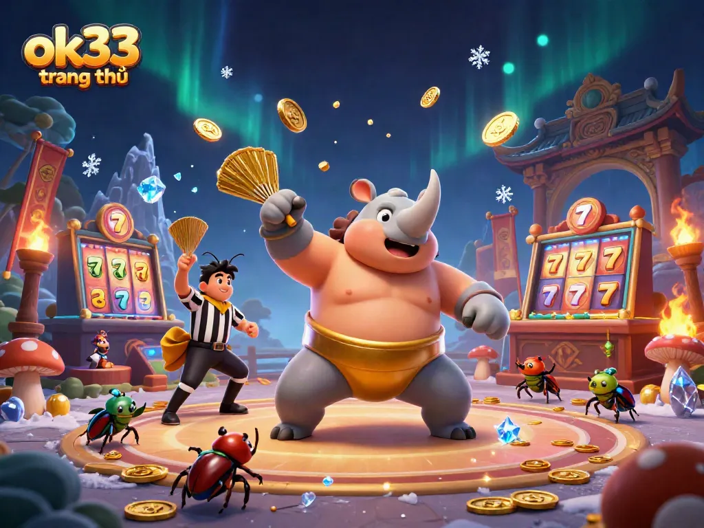 Engage with the dynamic vibes of ok33 trang chủ, featuring a powerful sumo champion and vibrant casino elements.