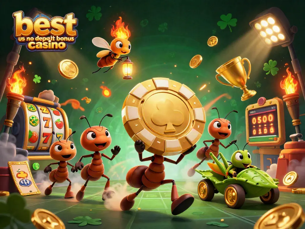 Join the fun at the best US no deposit bonus casino with energetic cartoon ants grabbing golden chips.